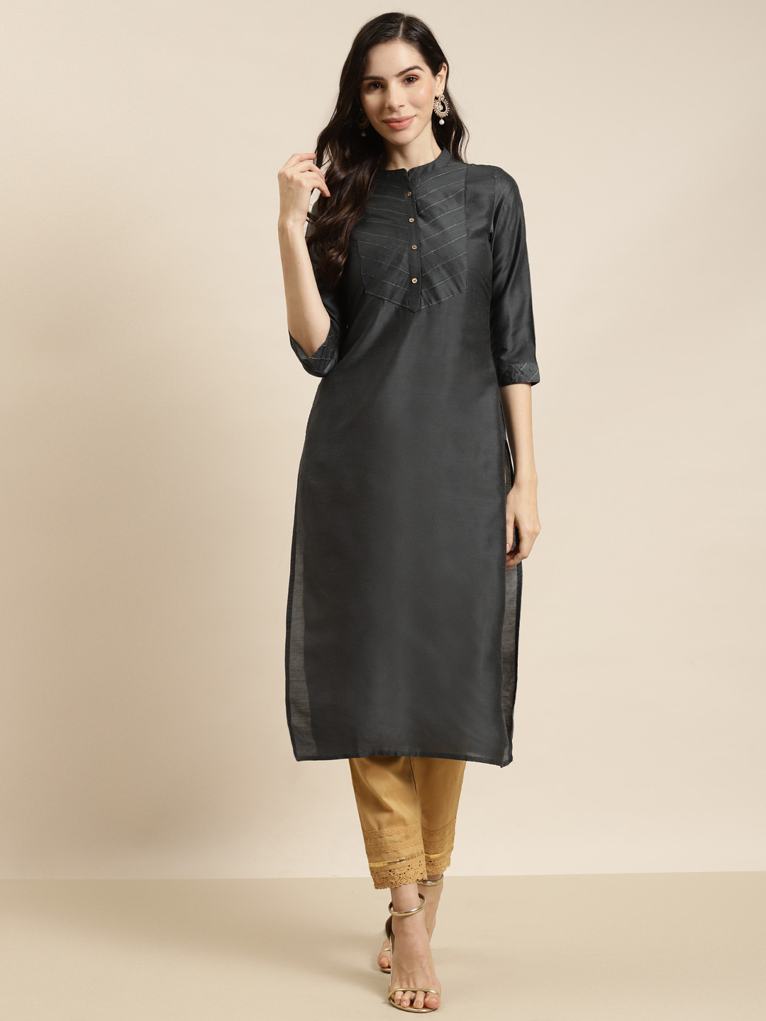 

Juniper Women Charcoal Yoke Design Tussar Silk Kurta
