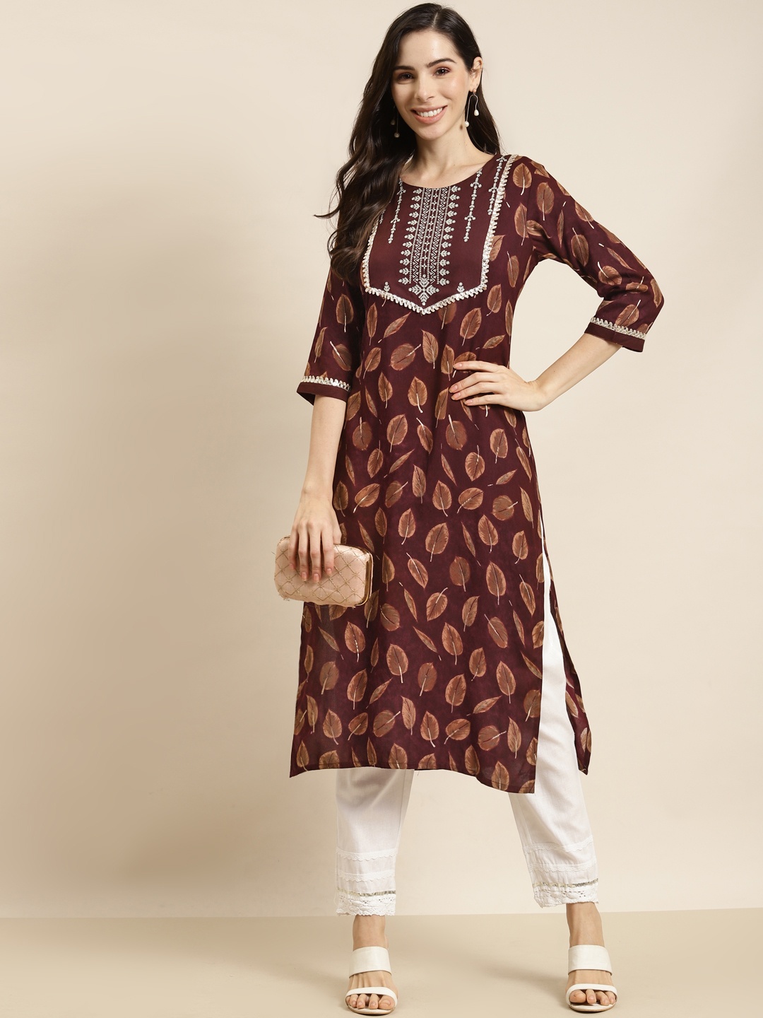 

Juniper Women Maroon & Brown Printed Gotta Patti Kurta