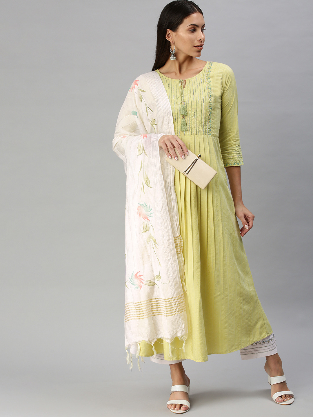 

SheWill Women Green Embroidered Pleated Sequinned Kurta with Trousers & With Dupatta