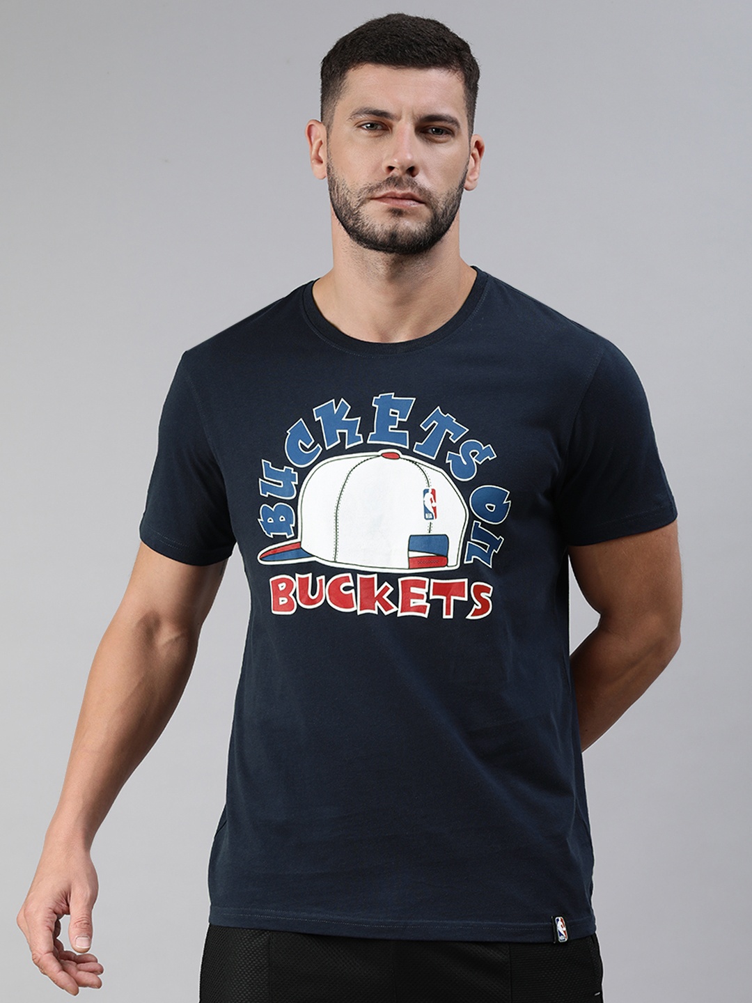 

NBA Men Navy Blue Buckets on Buckets Printed Pure Cotton Basketball T-shirt