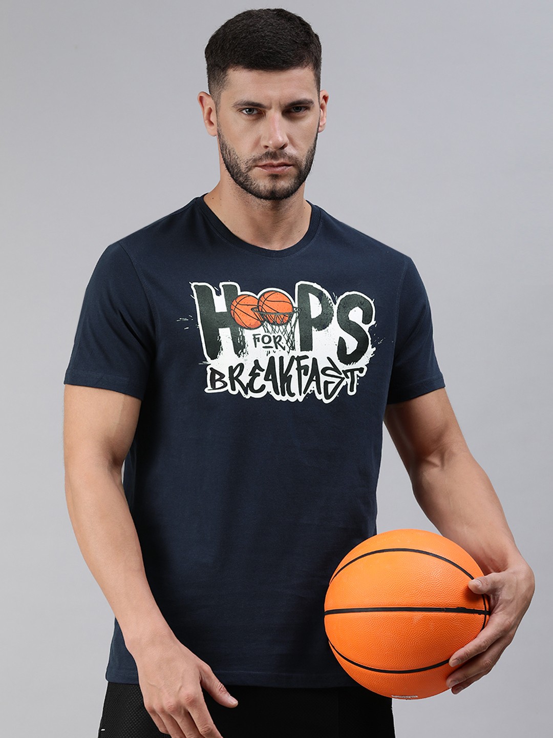 

NBA Men Navy Blue & Black Hoops For Breakfast Printed Pure Cotton Basketball T-shirt