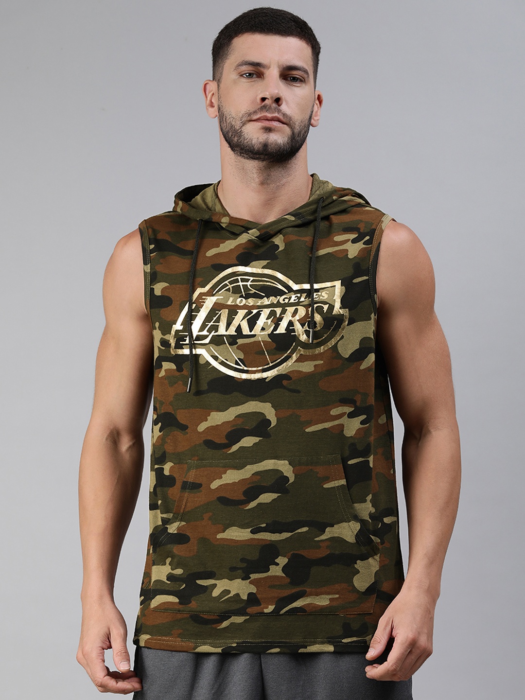 

NBA Men Olive Green Los Angeles Lakers Gold Foil Sleeveless Hoodie