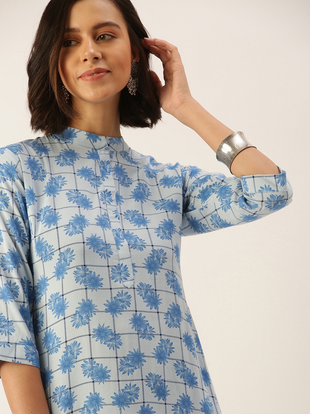 

COUPER & COLL Blue & Grey Floral Print High-Low A-Line Kurti