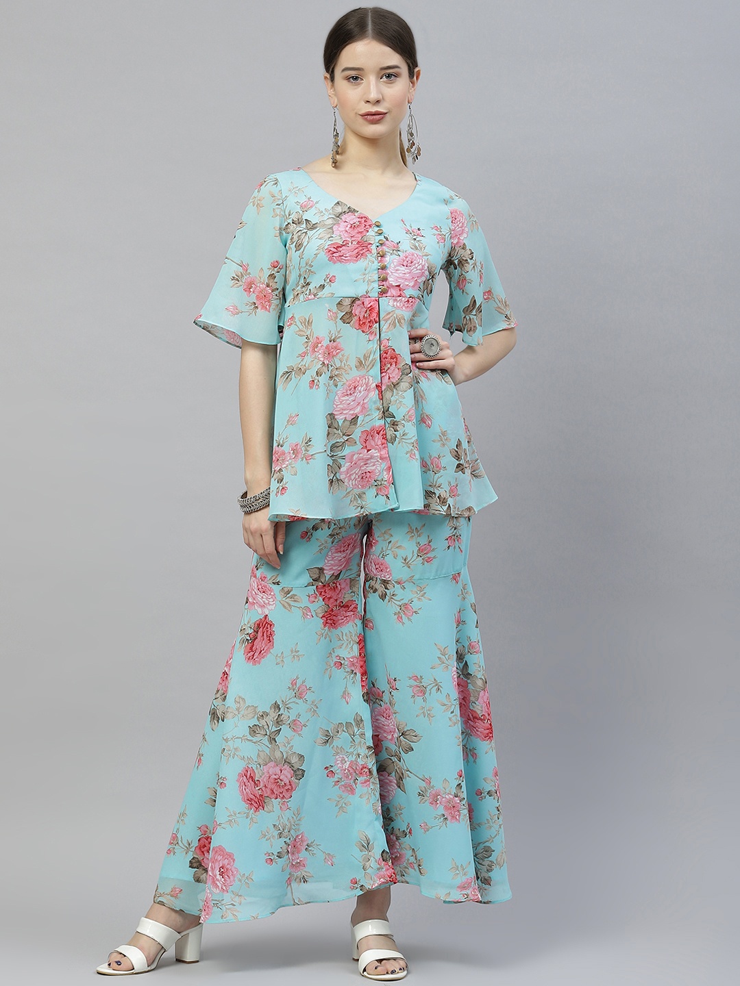 

MBE Women Blue & Pink Floral Printed Kurti with Sharara