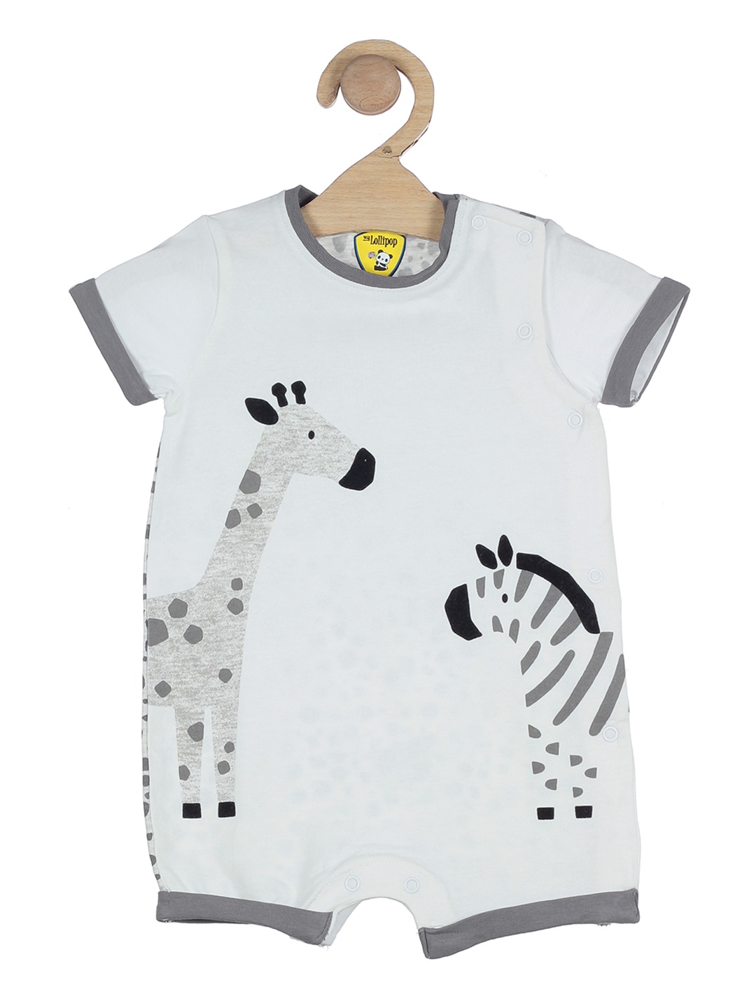 

Lil Lollipop Infants White & Grey Giraffe Printed Pure Cotton Romper