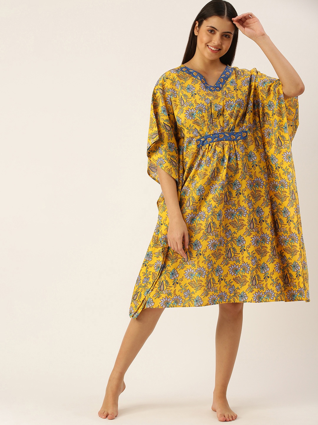 

SANSKRUTIHOMES Mustard Yellow Pure Cotton Printed Kaftan Nightdress