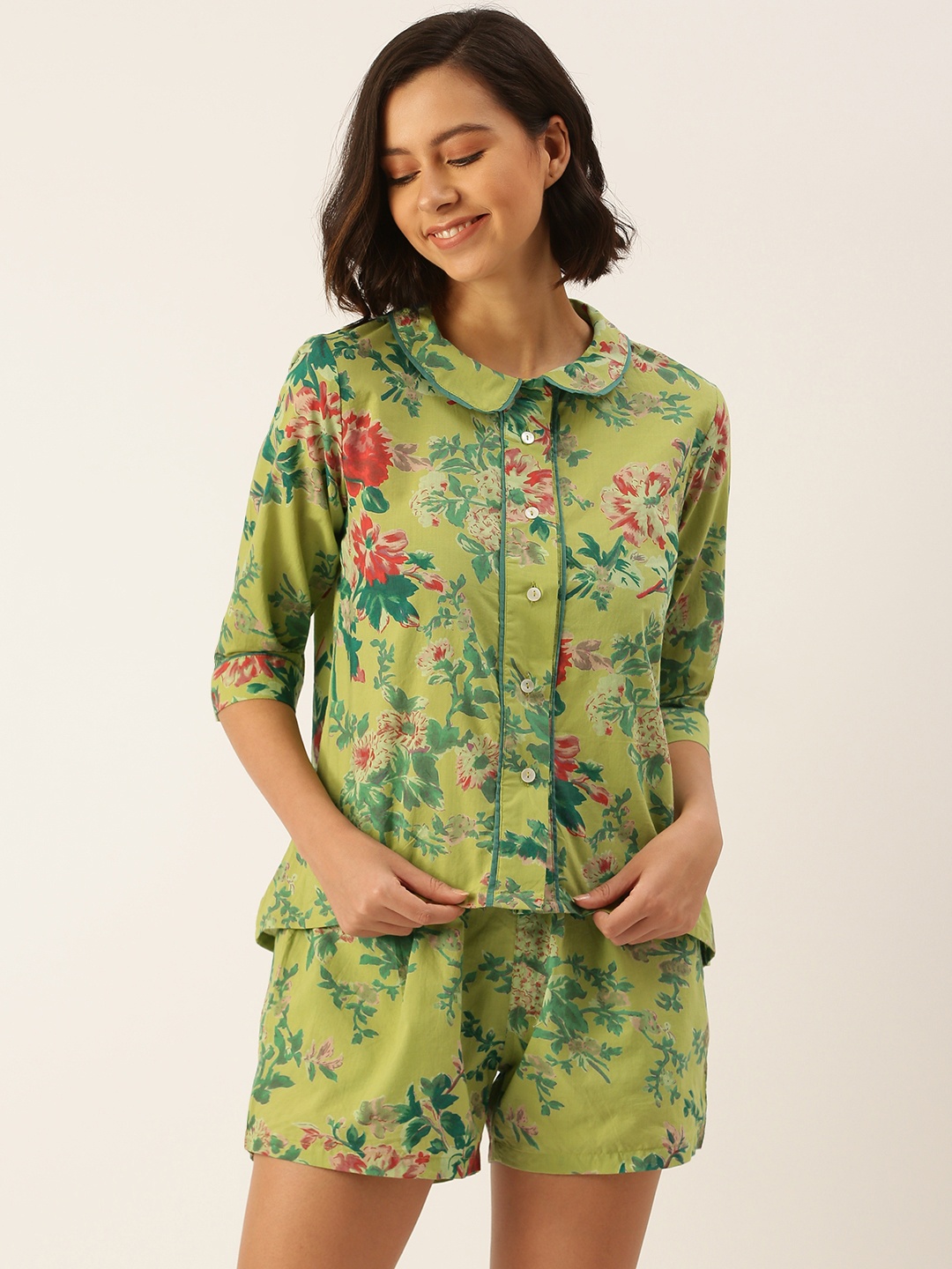 

SANSKRUTIHOMES Women Green Pure Cotton Printed Shorts Set