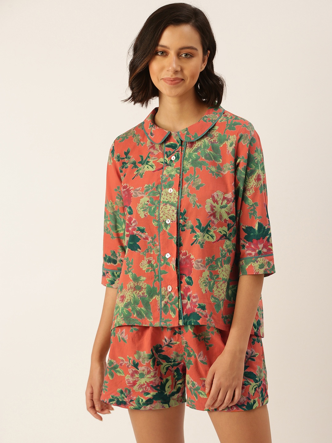 

SANSKRUTIHOMES Women Peach-Coloured & Green Pure Cotton Printed Shorts Set