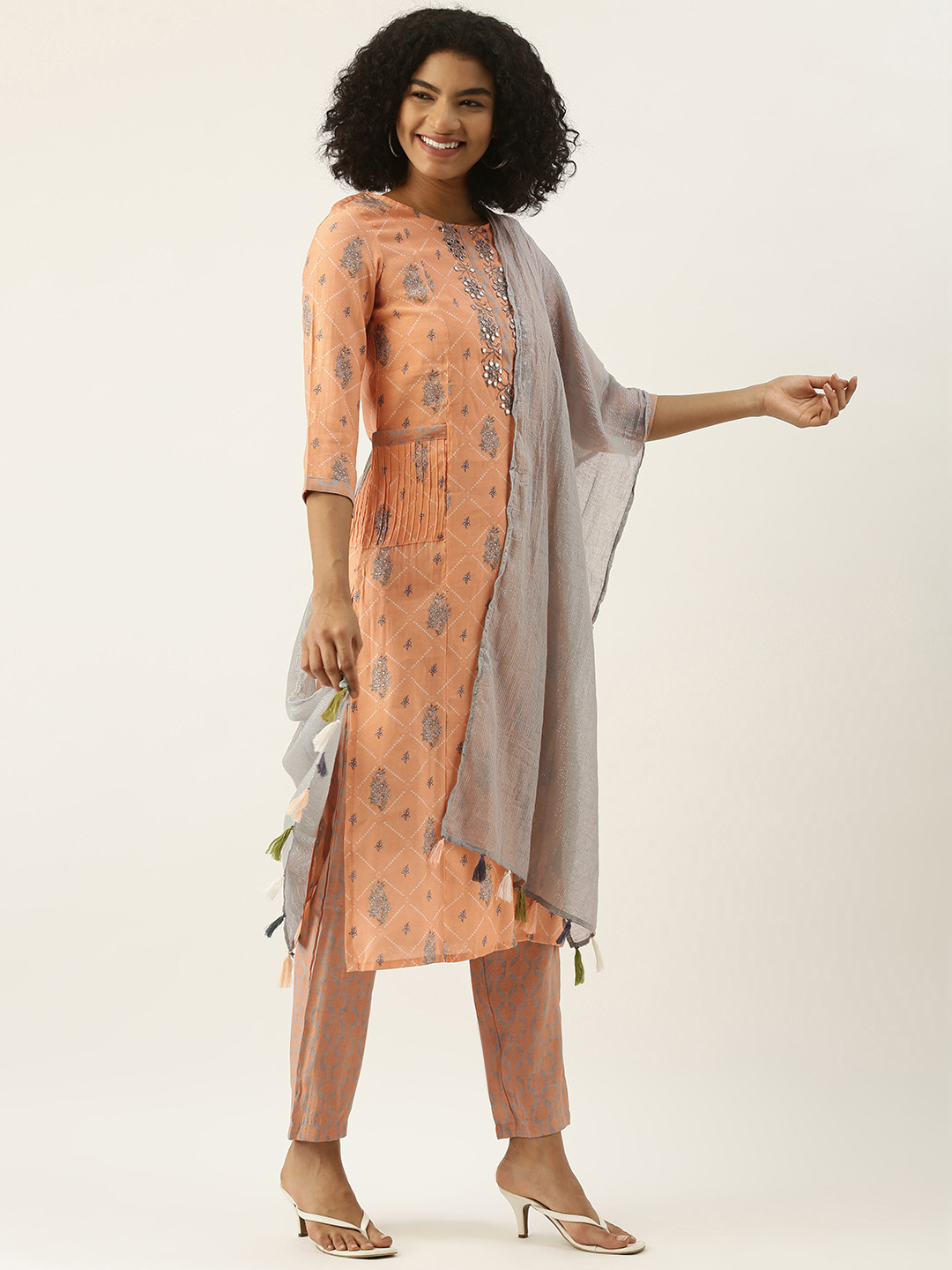 

RangDeep Women Peach-Coloured Ethnic Print Mirror Work Kurta with Trousers & Dupatta