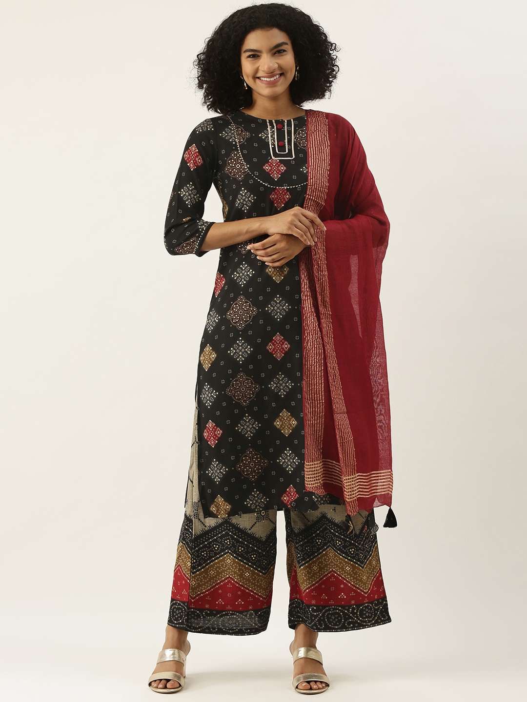 

RangDeep Women Black & Grey Bandhani Printed Kurta with Palazzos & With Dupatta