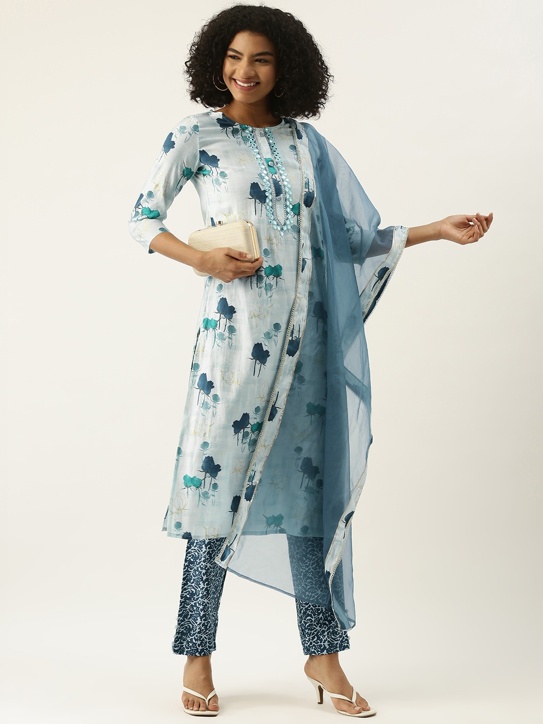 RangDeep Women Blue Floral Printed Mirror Work Kurta with Trousers & Dupatta