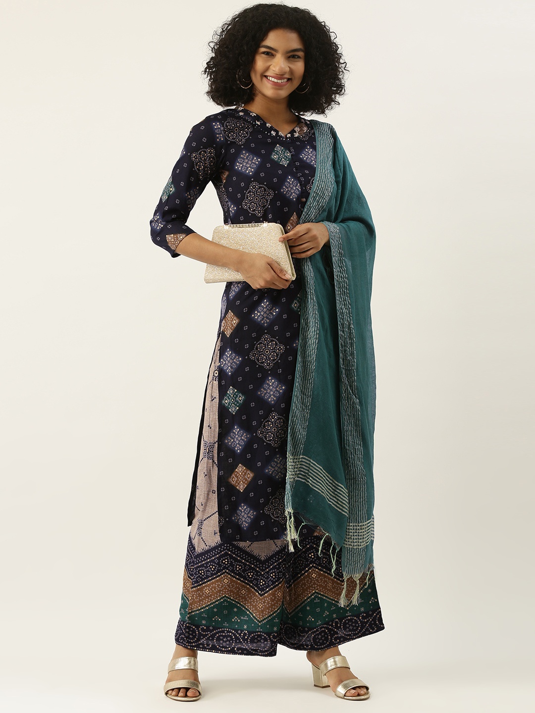 

RangDeep Women Navy Blue & Grey Bandhani Printed Kurta with Palazzos & Dupatta