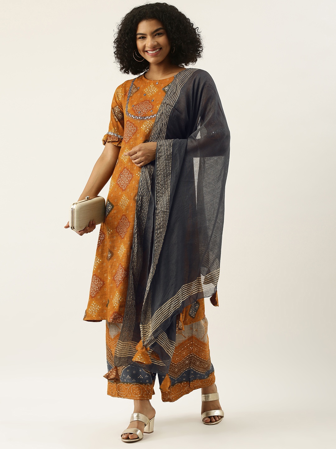 

RangDeep Women Mustard Yellow & Grey Bandhani Printed Kurta with Palazzos & Dupatta
