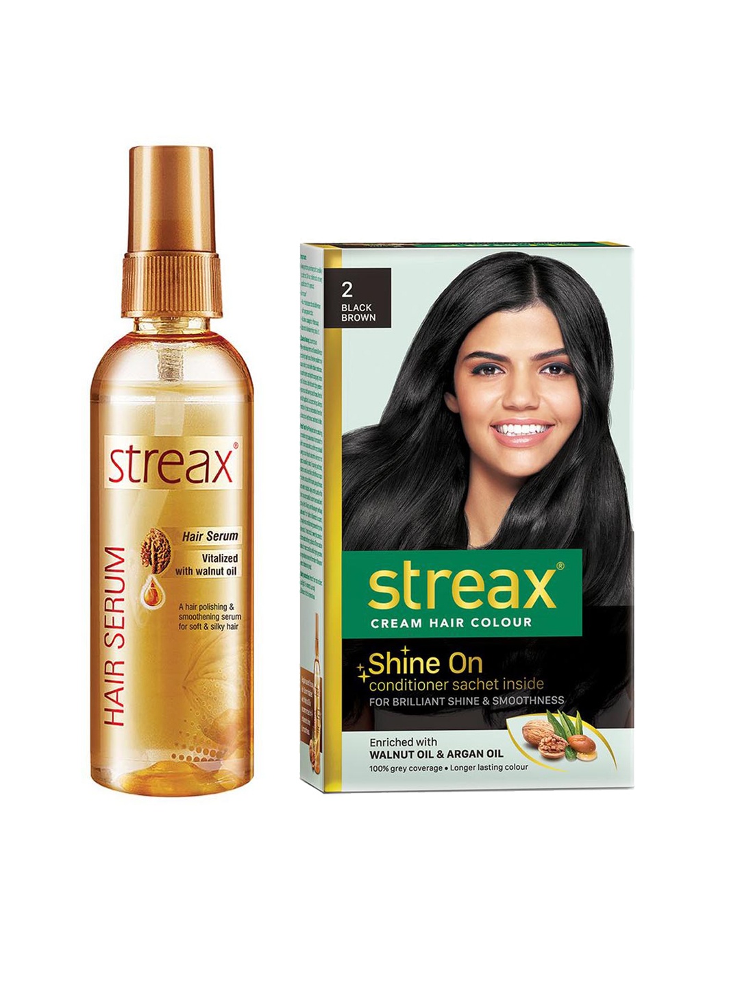 

Streax Vitalized Hair Serum 100 ml & Shine On Cream Hair Colour 120 ml - Black Brown 2