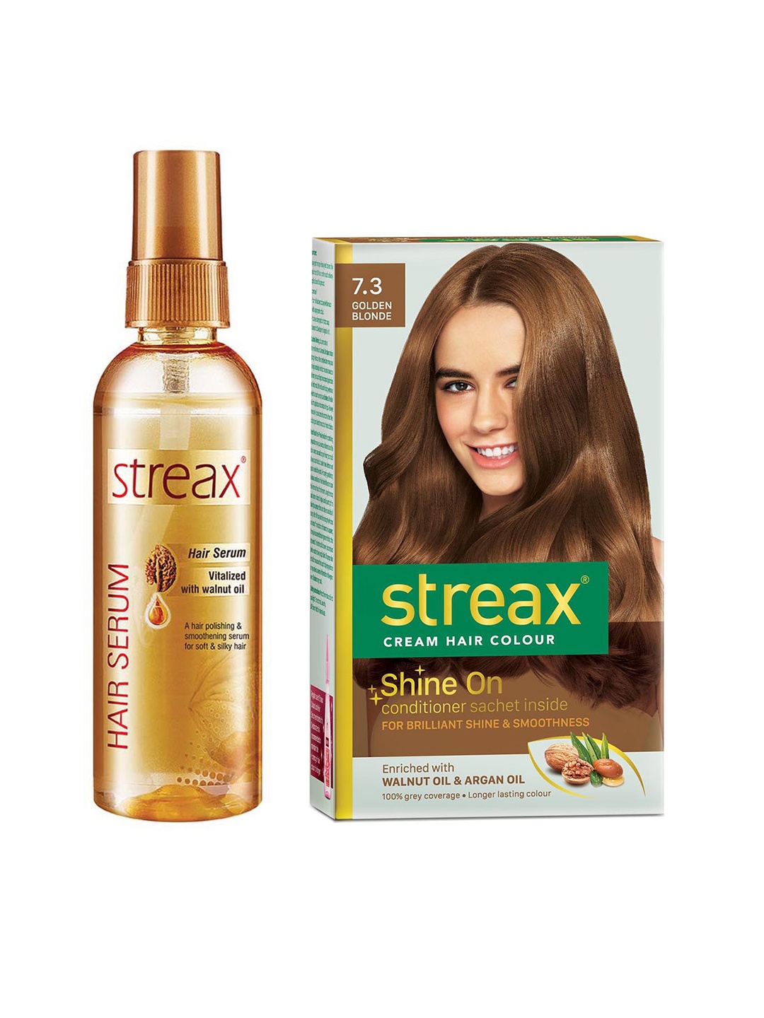 

Streax Vitalized Hair Serum 100 ml & Shine On Cream Hair Colour 120 ml - Golden Blonde 7.3, Gold