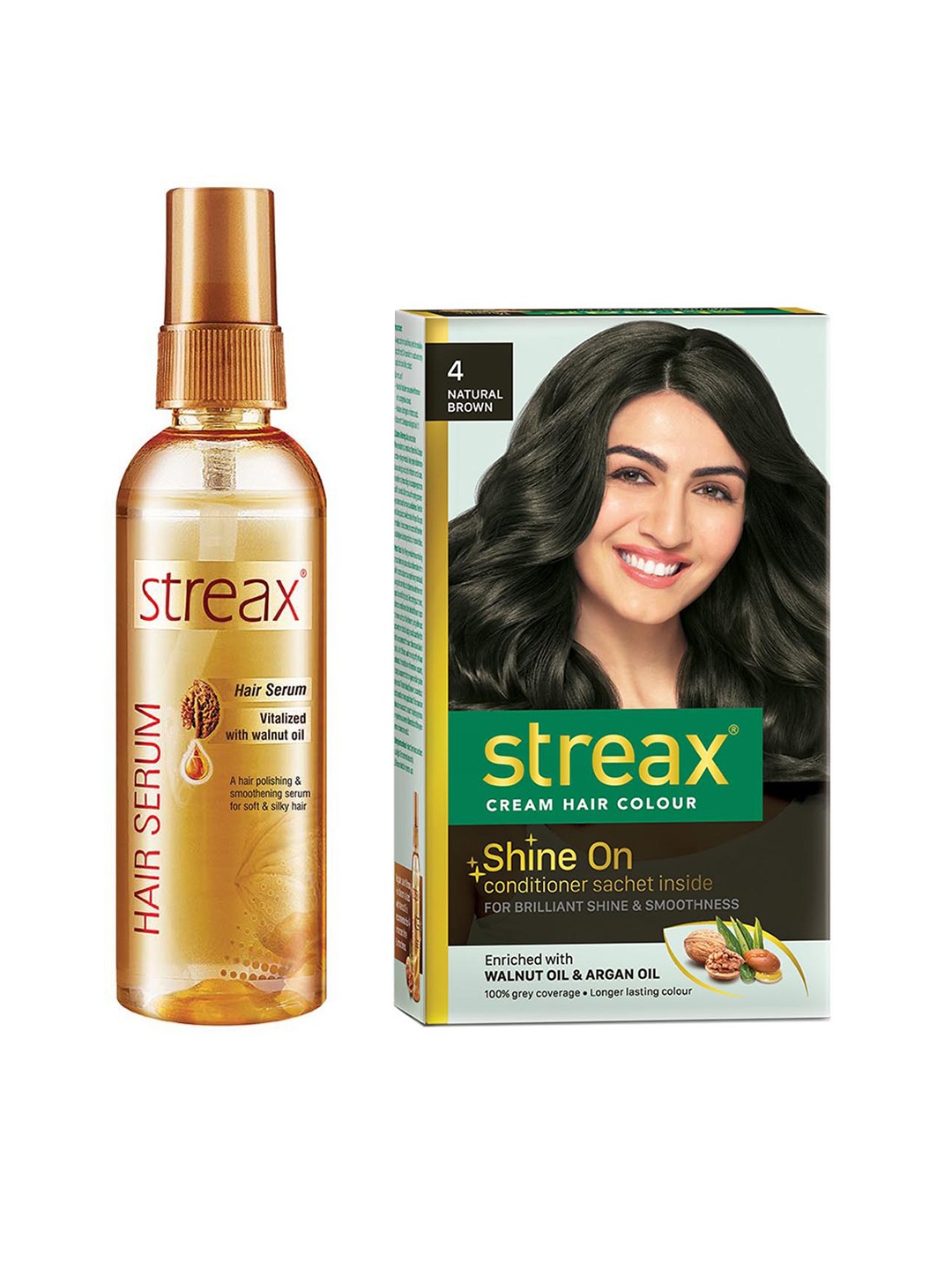 

Streax Vitalized Hair Serum 100 ml & Shine On Cream Hair Colour 120 ml - Natural Brown 4