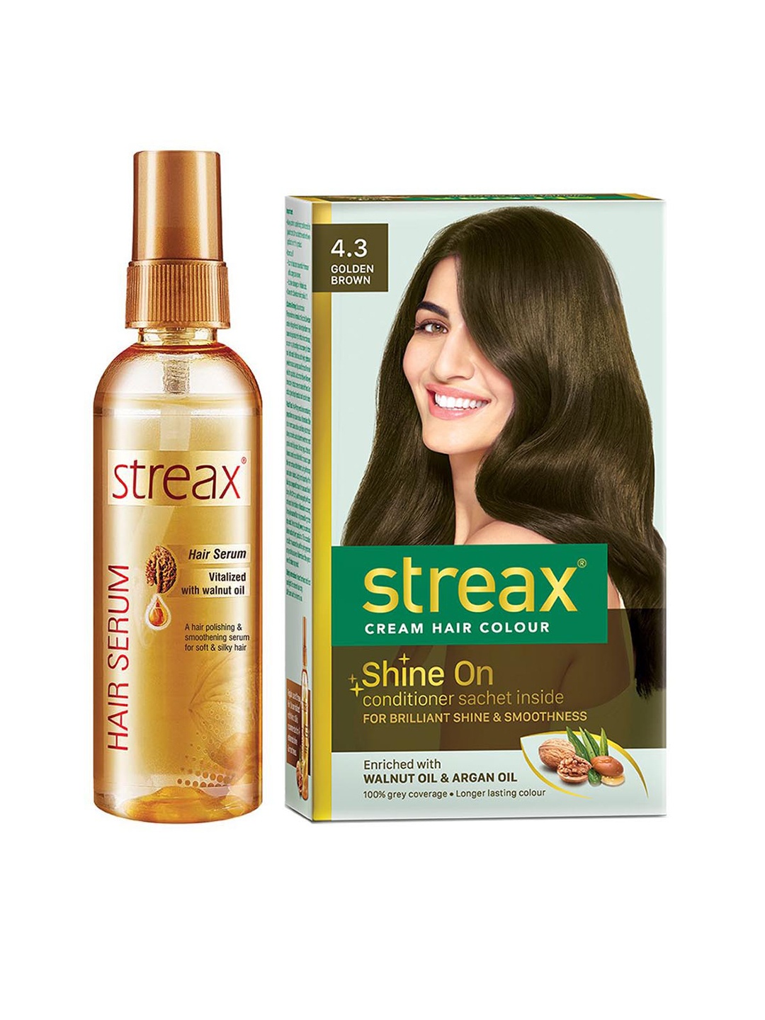 

Streax Vitalized Hair Serum 100 ml & Shine On Cream Hair Colour 120 ml - Golden Brown 4.3