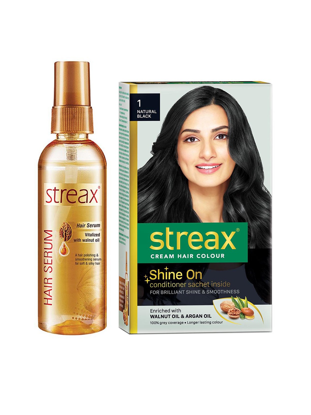 

Streax Vitalized Hair Serum 100 ml & Shine On Cream Hair Colour 120 ml - Natural Black 1