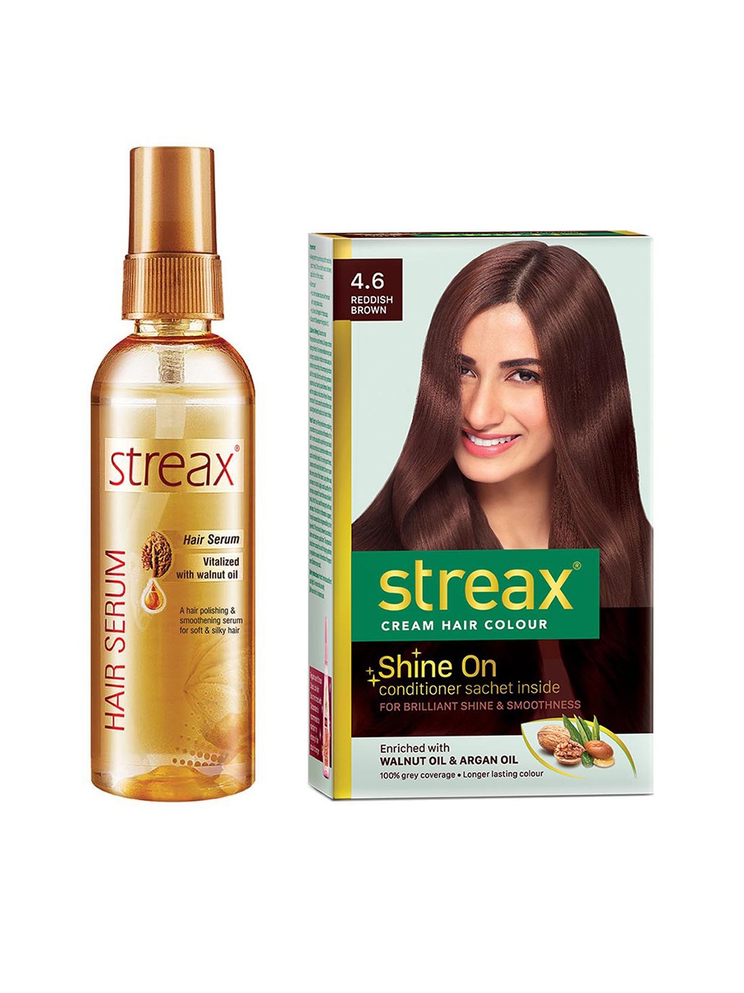 

Streax Vitalized Hair Serum 100 ml & Shine On Cream Hair Colour 120 ml - Reddish Brown 4.6