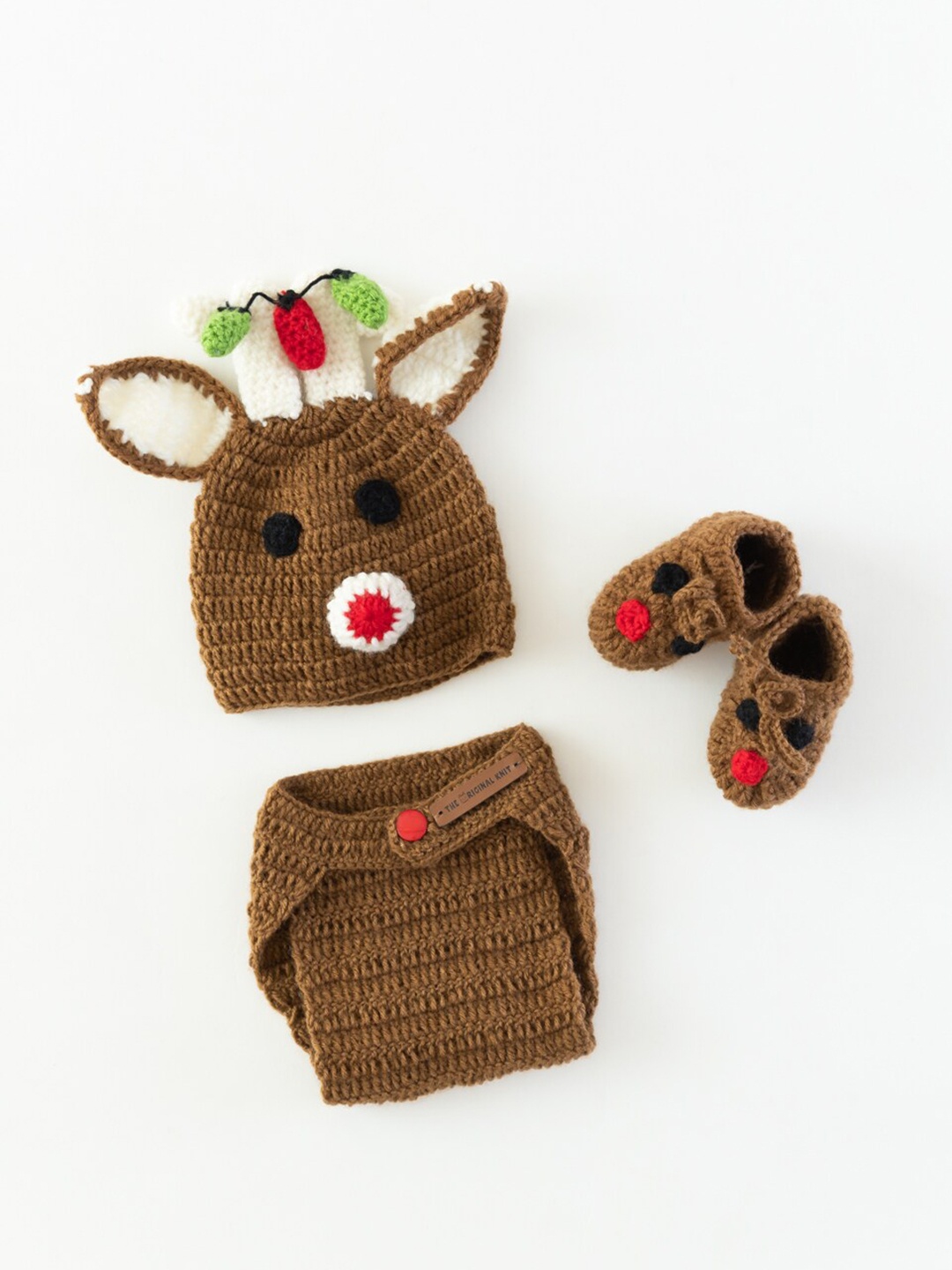 

The Original Knit Kids Brown & Red Set of 3 Knitted Beanie Cap Diaper & Shoe Set