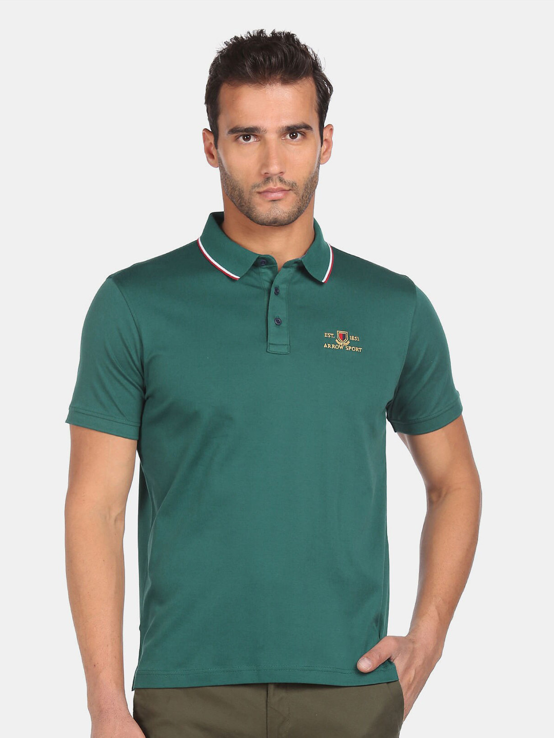

Arrow Sport Men Green Solid Polo Collar Cotton T-shirt