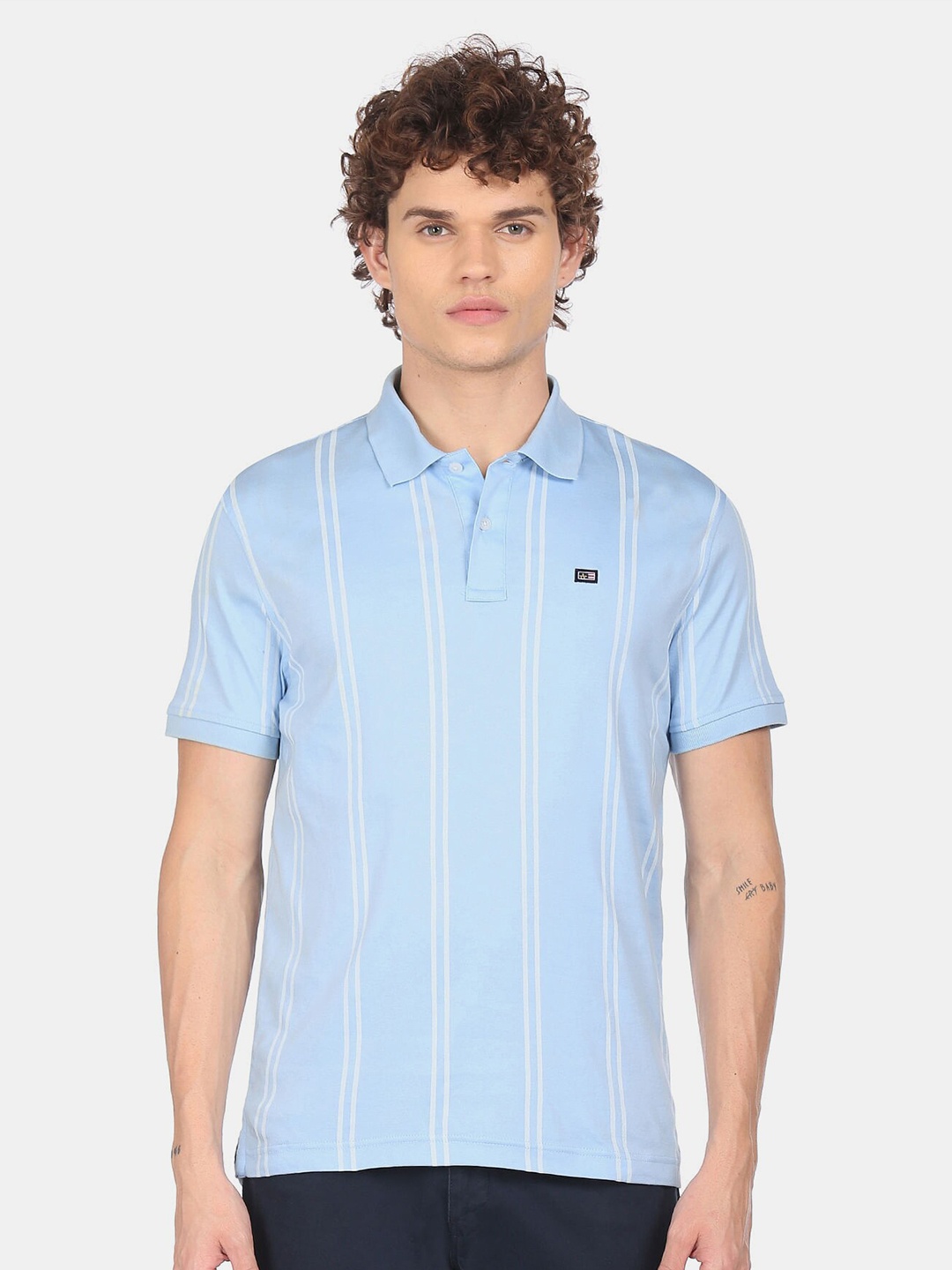 

Arrow Sport Men Blue Striped Polo Collar T-shirt