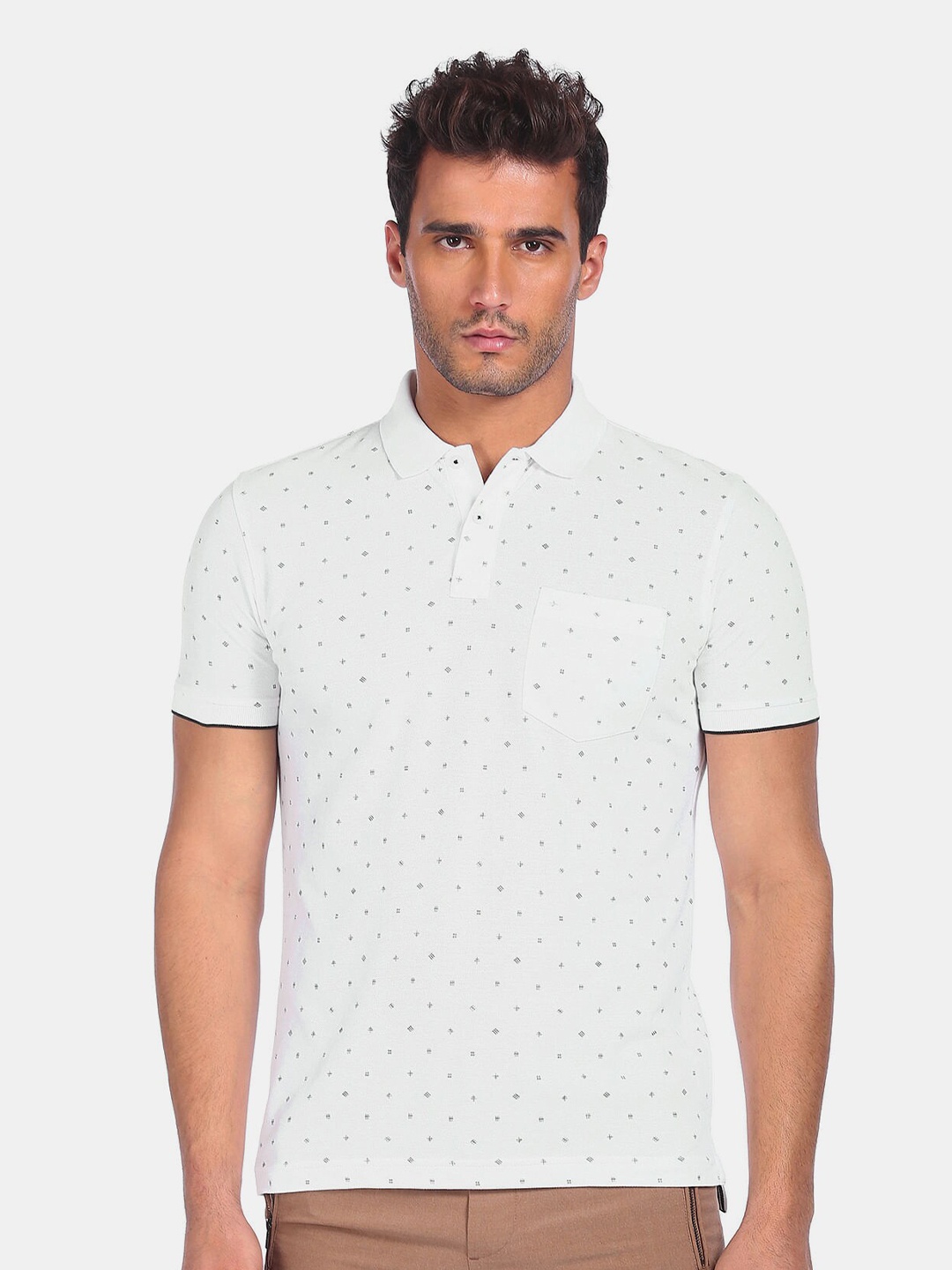 

Arrow Sport Men White Printed Polo Collar Cotton T-shirt