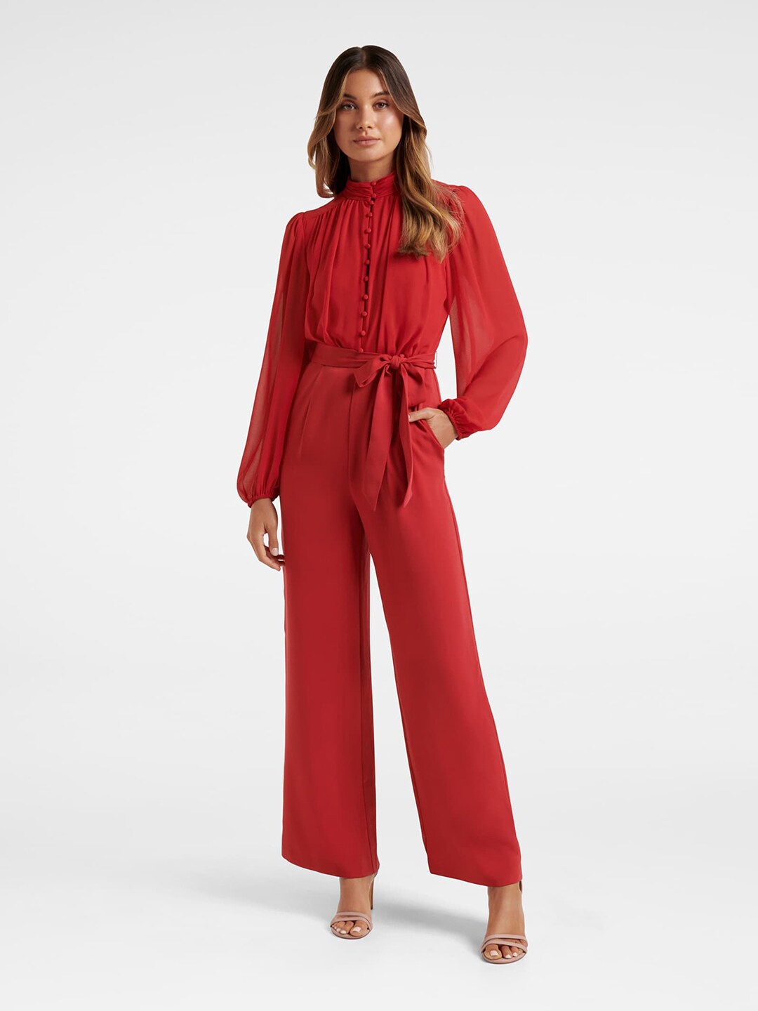 

Forever New Red Solid Basic Jumpsuit