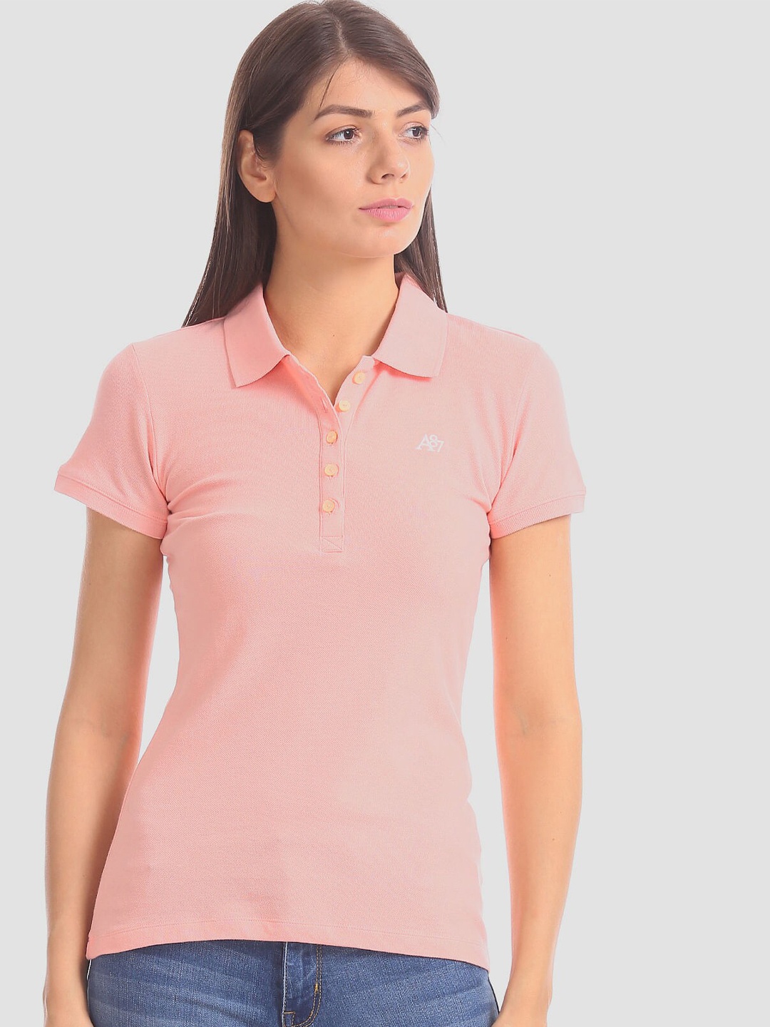 

Aeropostale Women Pink Polo Collar T-shirt