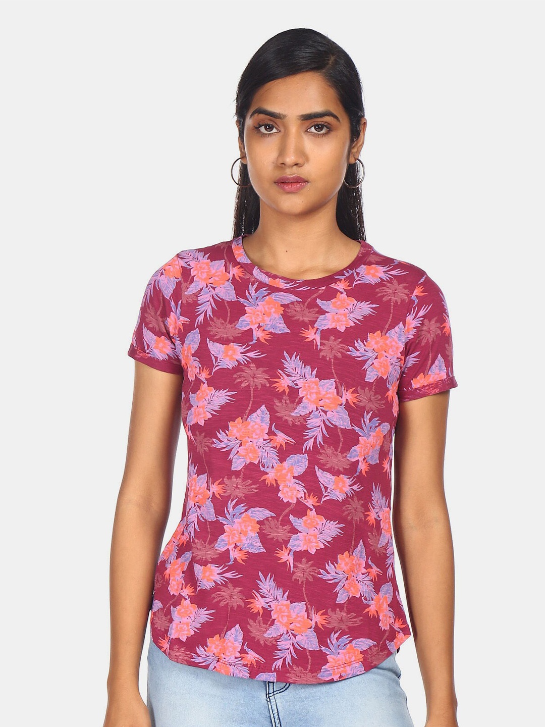 

Aeropostale Women Burgundy & Orange Floral Printed Pure Cotton T-shirt