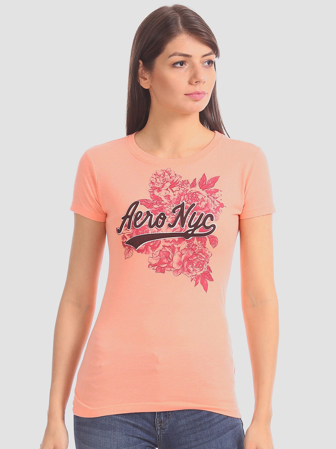 

Aeropostale Women Coral Printed Cotton T-shirt
