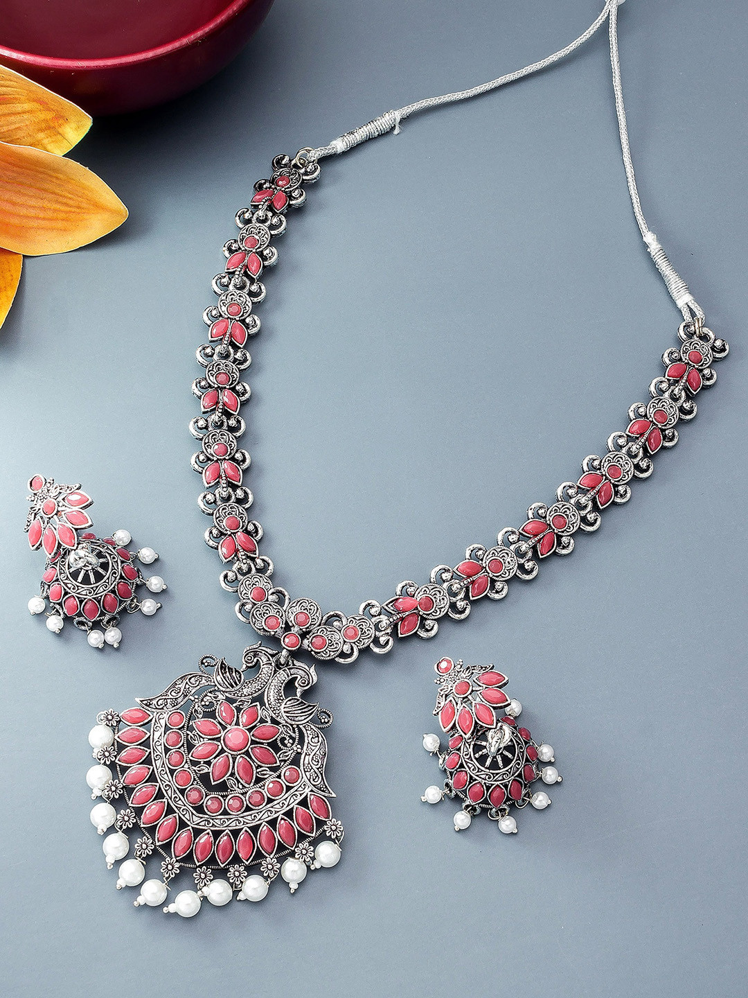 

aadita Silver-Toned Red Stone-Studded Beaded Ethnic Temple Jewellery Set