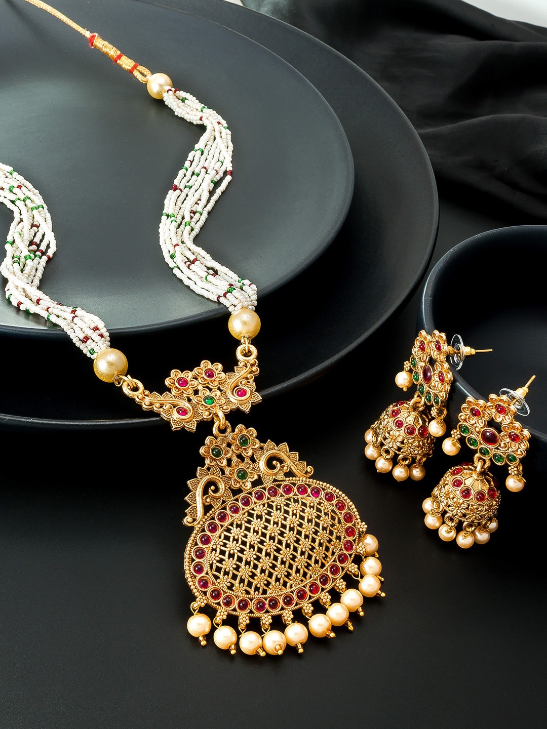 

aadita Gold Plated & Red Pearl Beaded Matinee Jewellery Set