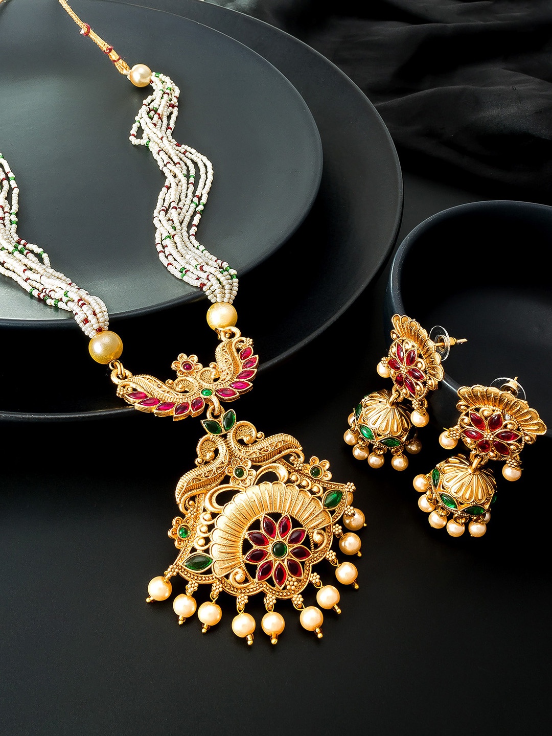 aadita Gold-Plated Pink & Green Stone-Studded Pearl Beaded Jewellery Set