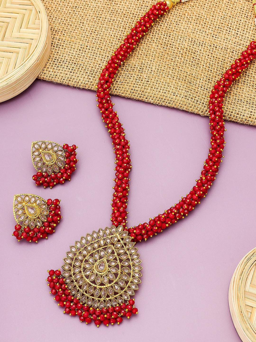 

aadita Red Gold-Plated Beaded Matinee Jewellery Set