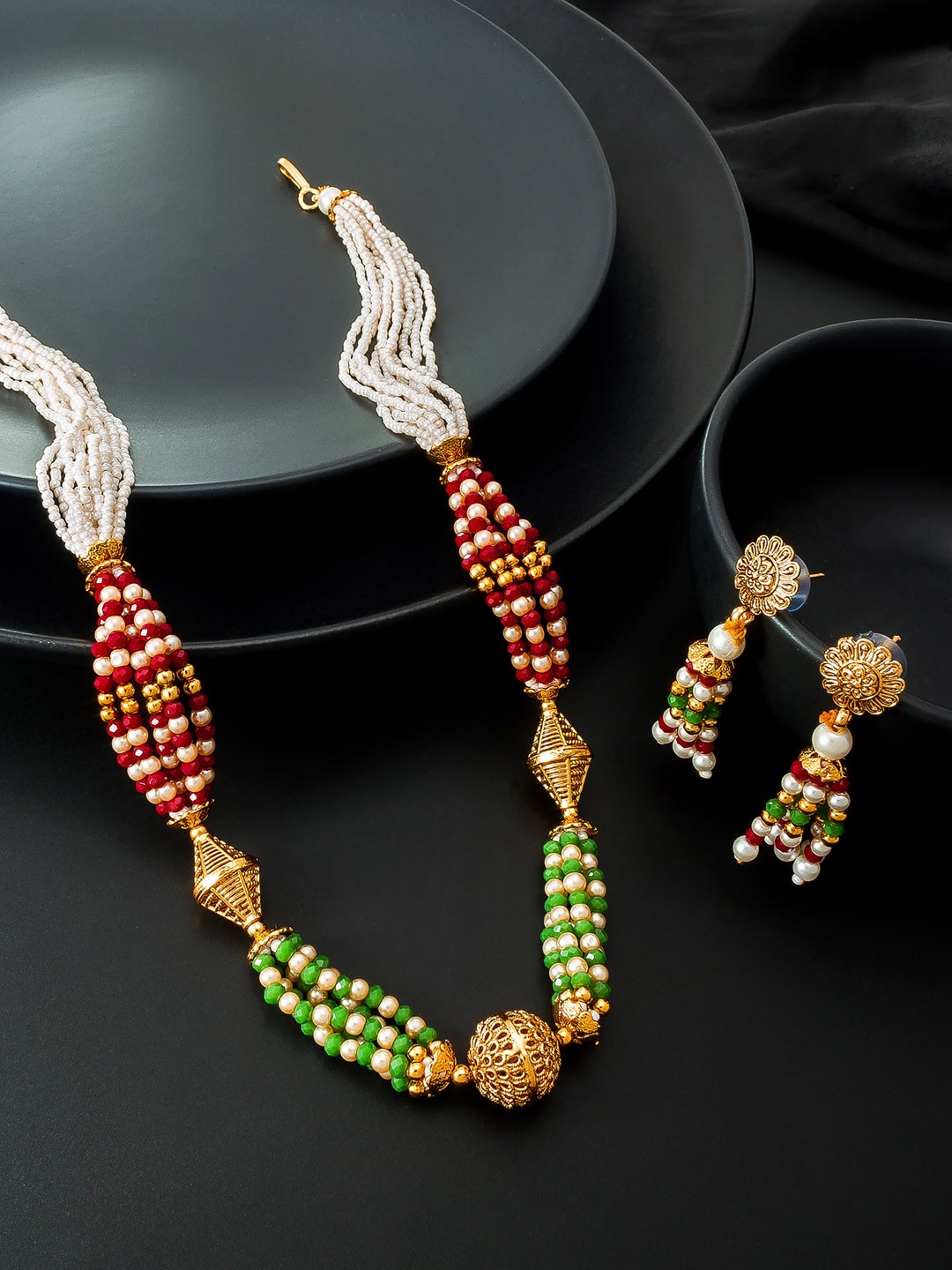 

aadita Gold-Plated White & Green Stone-Studded & Beaded Jewellery Set