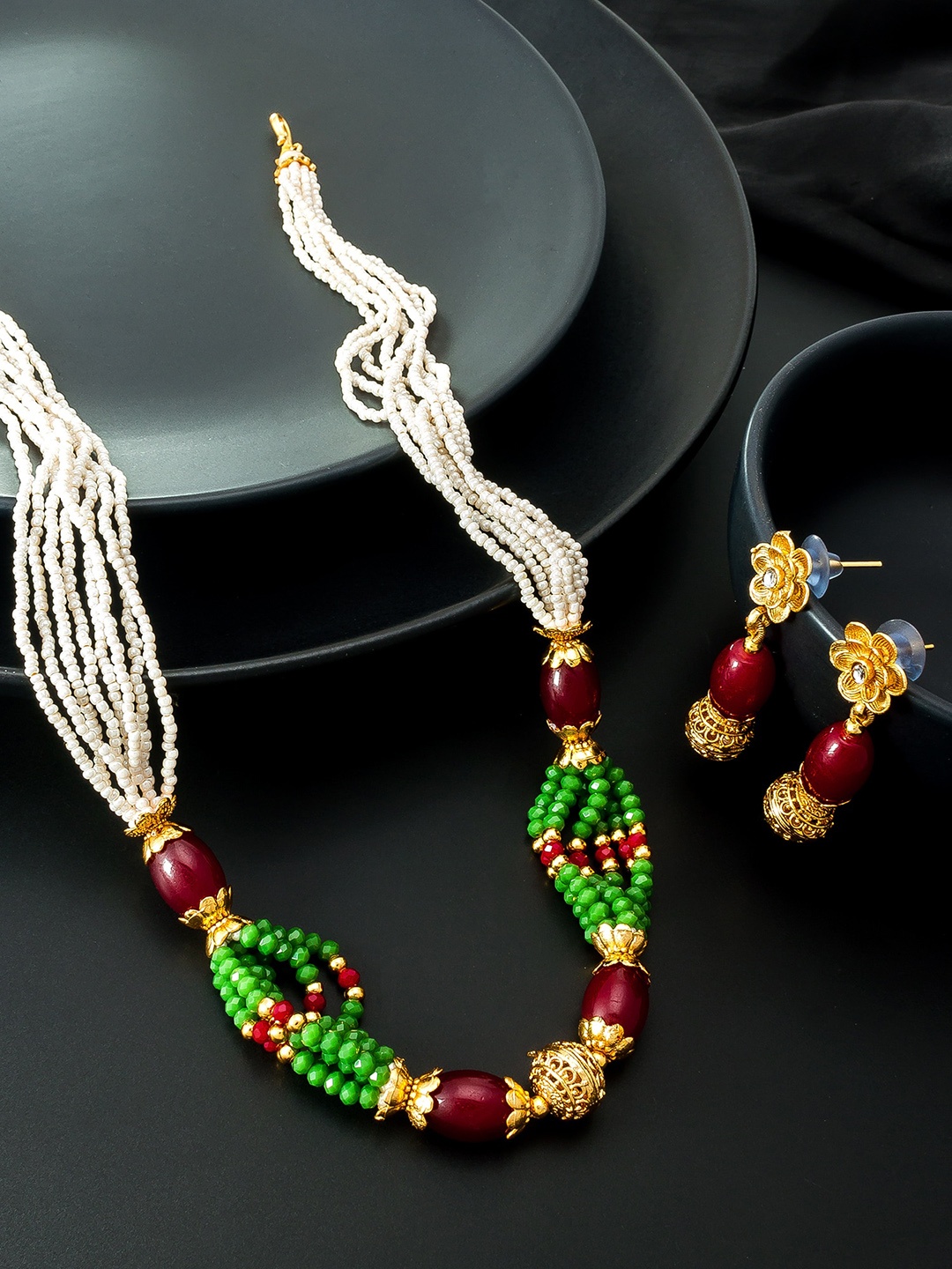 aadita Gold-Plated White Pearl Matinee Jewellery Set