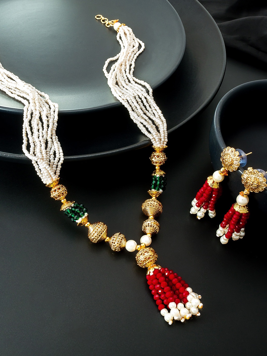 

aadita Gold-Plated & White Necklace with Earrings