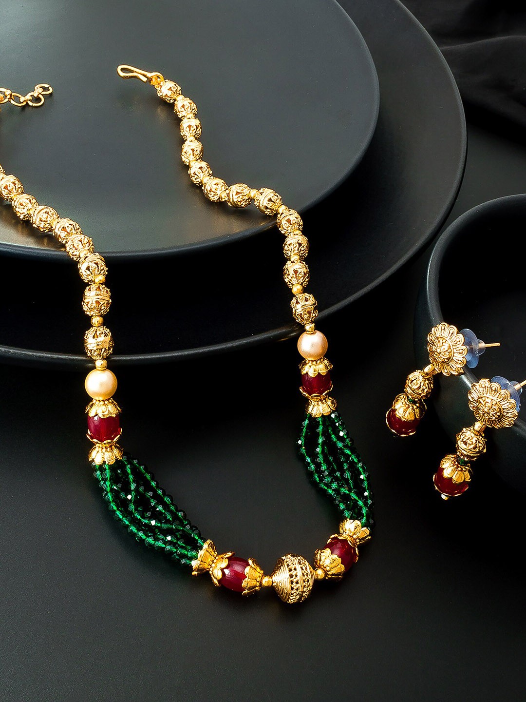 

aadita Gold-Plated Green Pearl Matinee Jewellery Set