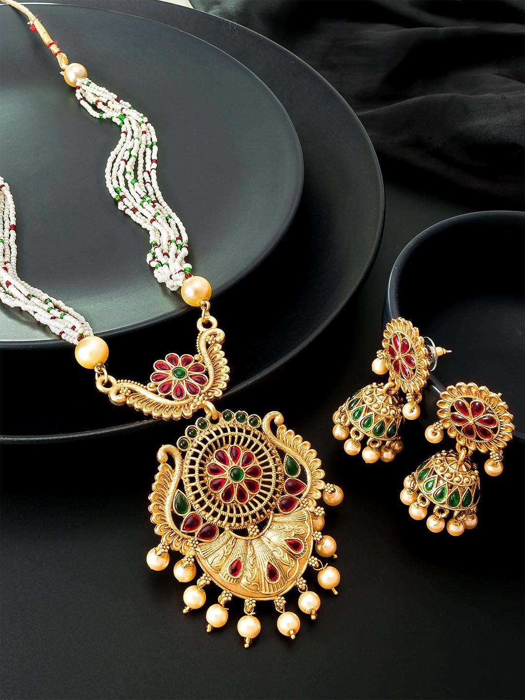 aadita White Gold-Plated Beaded Jewellery Set