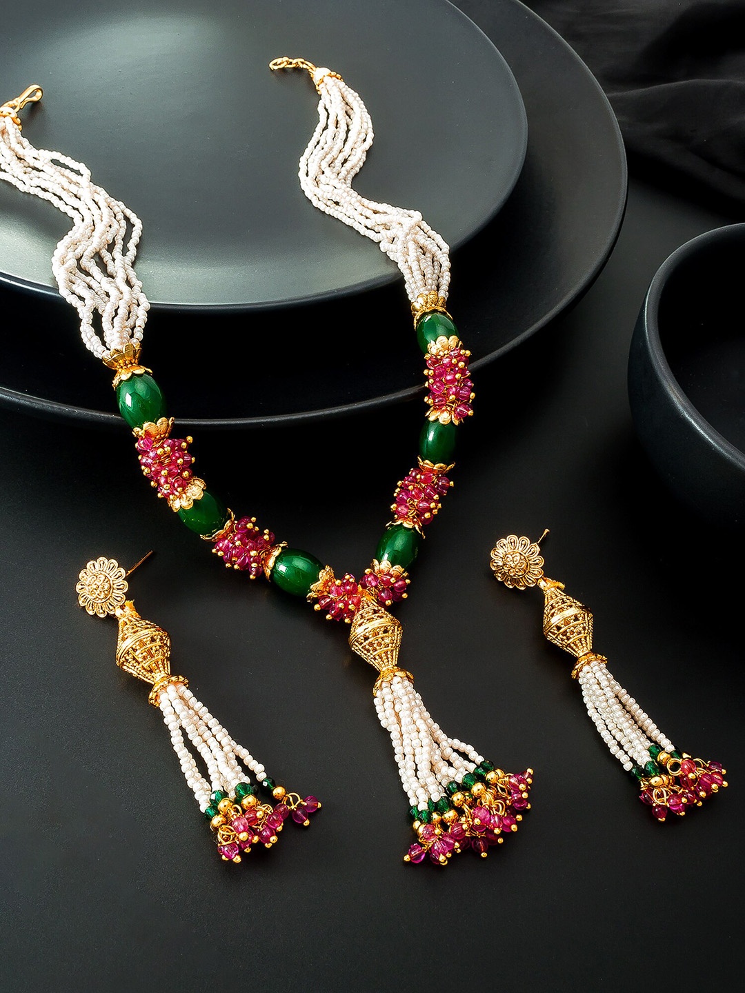 

aadita Gold-Plated White Pearl Matinee Jewellery Set