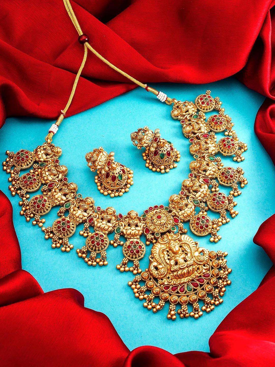 

aadita Gold-Plated & Pink Stone-Studded Temple Jewellery Set