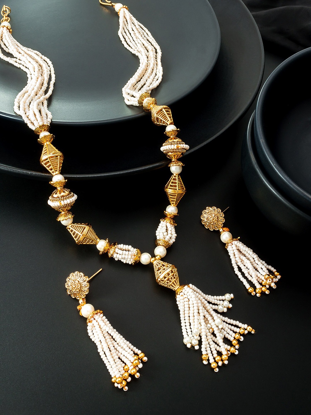 

aadita Gold-Toned & White Pearl Temple Jewellery Set