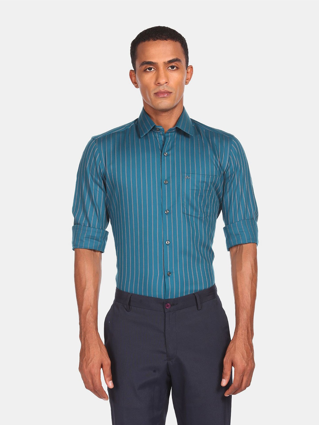 

Arrow Men Teal Slim Fit Striped Cotton Formal Shirt