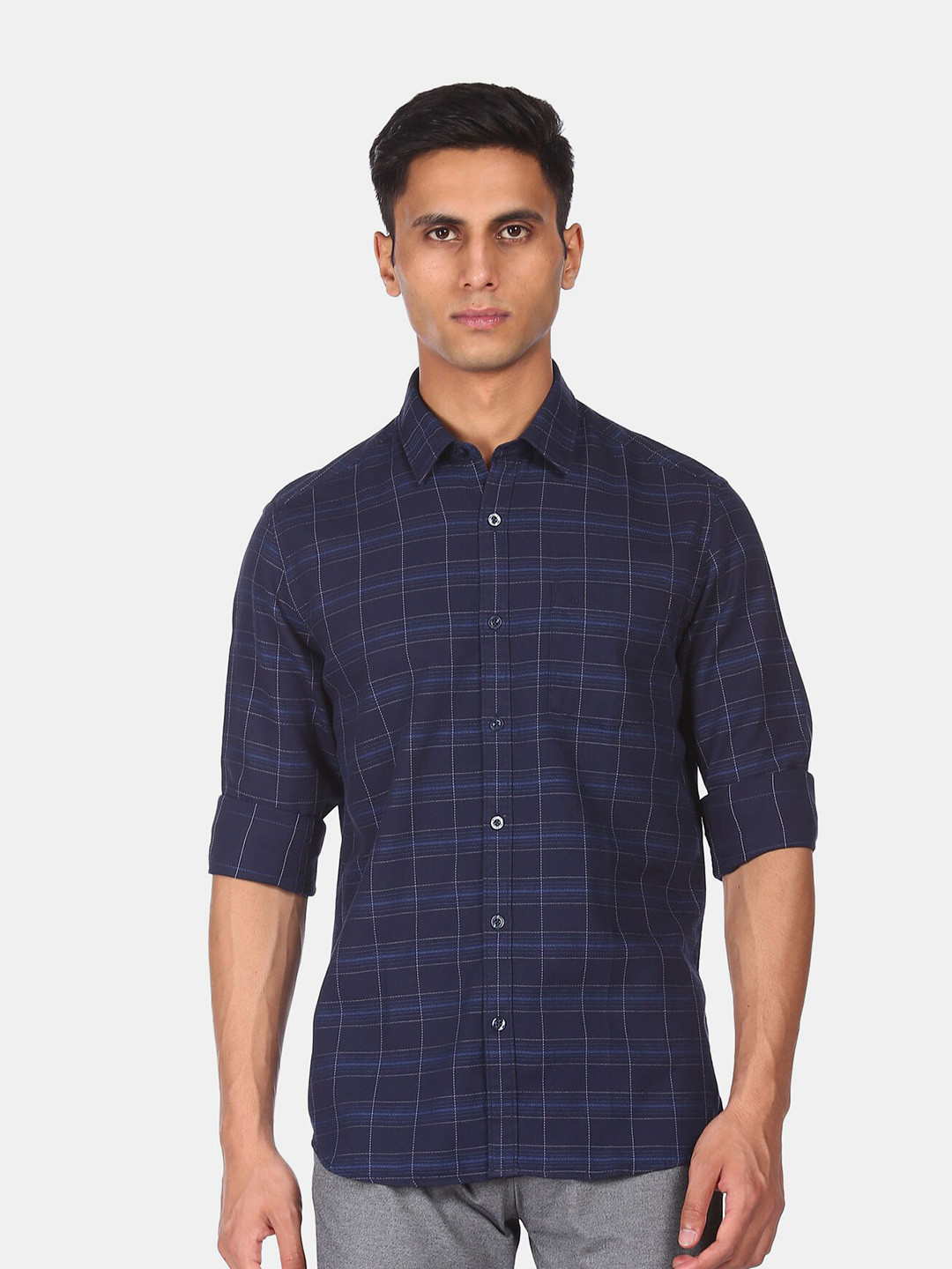 

Arrow Sport Men Navy Blue Windowpane Checked Cotton Casual Shirt