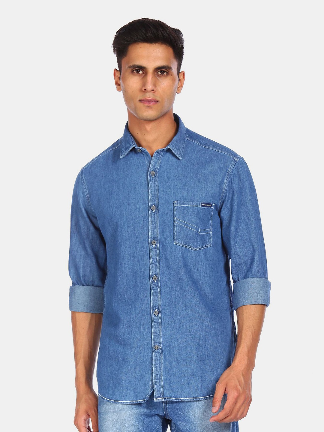

Arrow Sport Men Blue Solid Pure Cotton Denim Casual Shirt