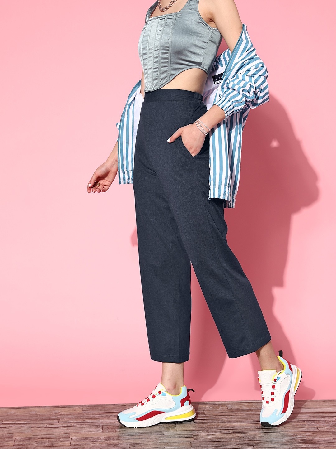 

plusS WORX Women Navy Blue Solid Trousers