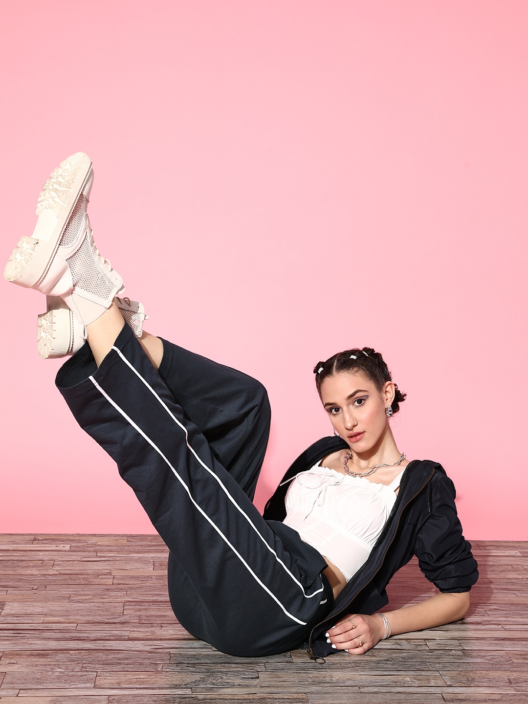 

Pluss Women Navy Blue Solid Volume Play Track Pants