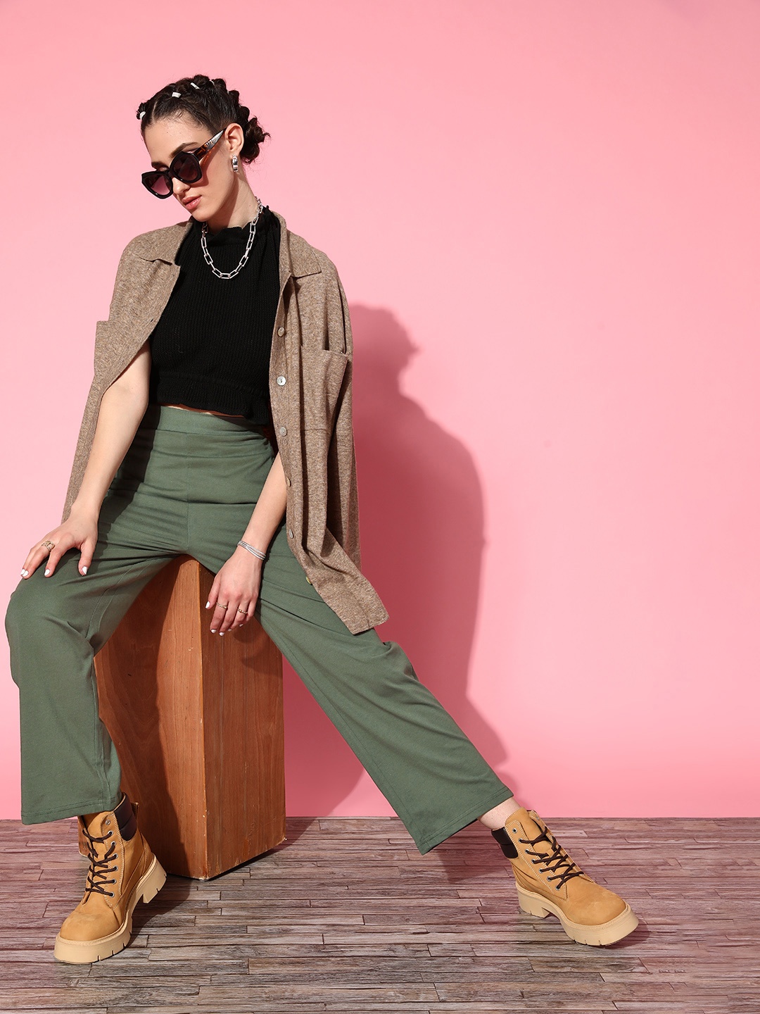 

plusS WORX Women Olive Green Solid Trousers