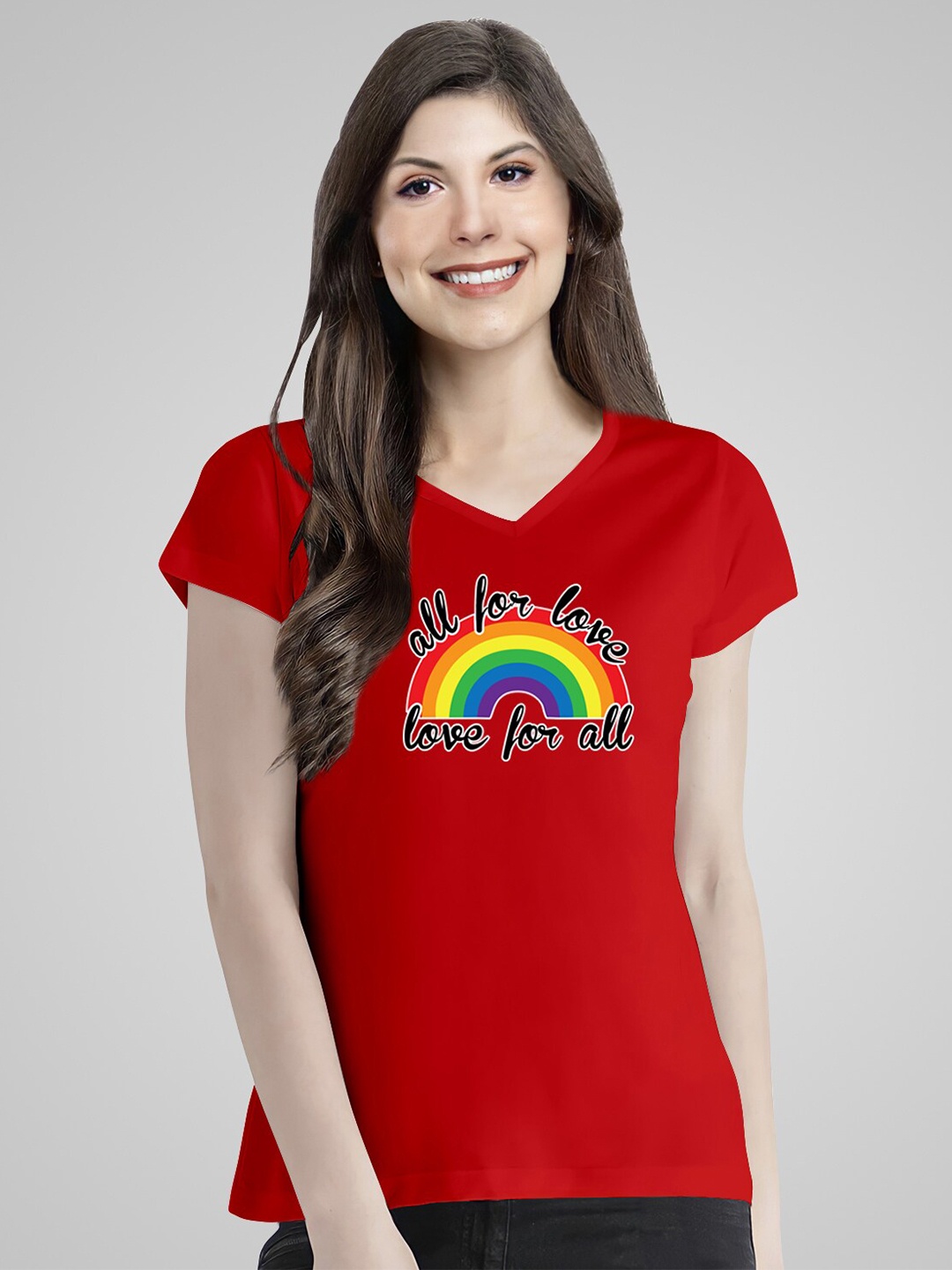 

Pootlu Women Red Printed V-Neck Pure Cotton T-shirt
